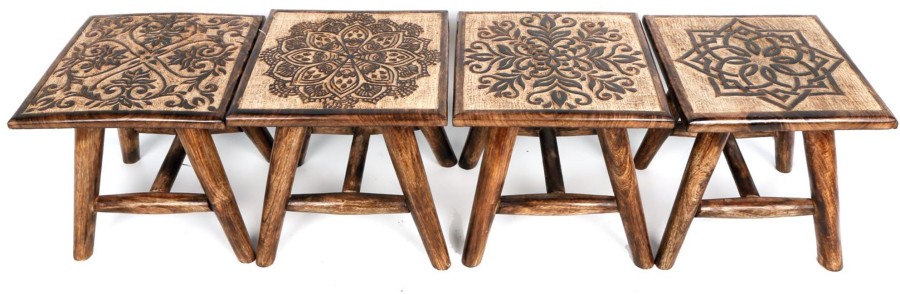 Home Accessories Carousel Shop Side Tables | Wooden Hand Carved Mango Wood Stool ~ Design Vary