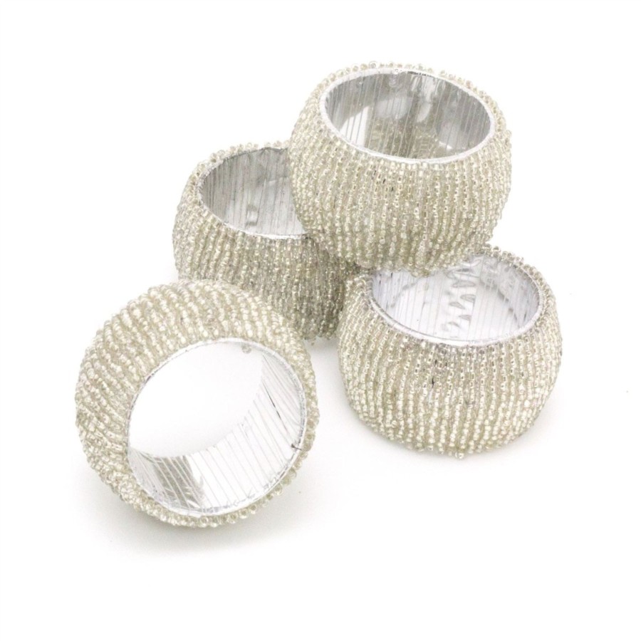 Kitchen & Dining Carousel Shop | Set Of 4 Silver Glass Napkin Holder | Chic Beaded Napkin Rings | Ring Holder Dinner Table Set