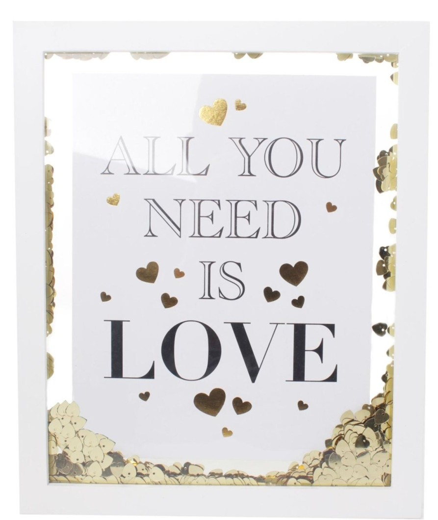 Home Accessories Carousel Shop Wall Decor & Mirrors | White Wooden Gold Heart Confetti Decorative Box Printed Quote Frame 32Cm ~ All You Need Is Love