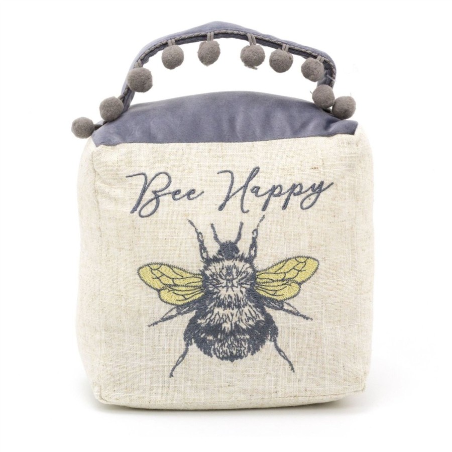 Home Accessories Carousel Shop Animal Doorstops | Bee Happy Cube Fabric Bee Doorstop | Honey Bee Pom Pom Doorstopper | Square Bee Door Stop With Handle