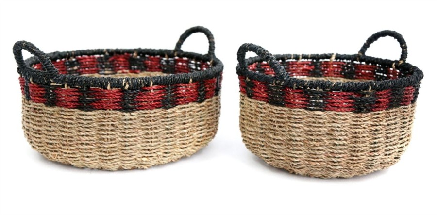 Home Accessories Carousel Shop Boxes & Baskets | Stunning Set Of 2 Black And Red Storage Baskets ~ Small Woven Seagrass Basket