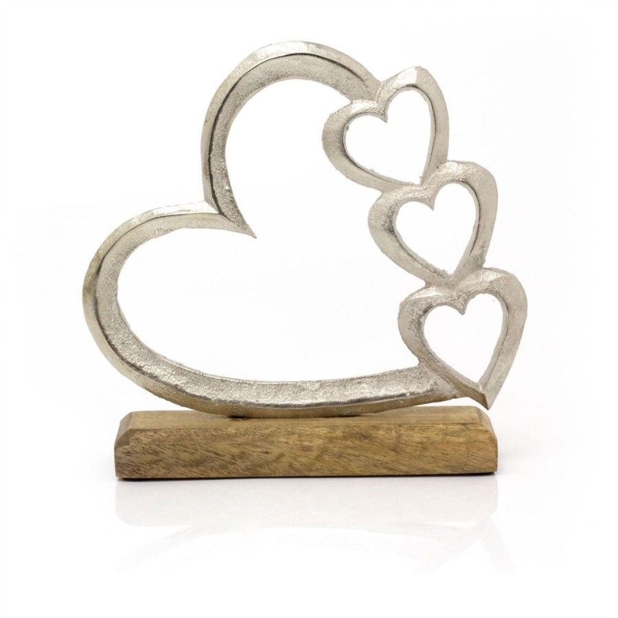 Home Accessories Carousel Shop Ornaments | 20Cm Elegant Silver Metal Heart Ornament | Silver Love Hearts On Wooden Base Sculpture | Love Heart Ornament Valentines Anniversary Wedding Gifts