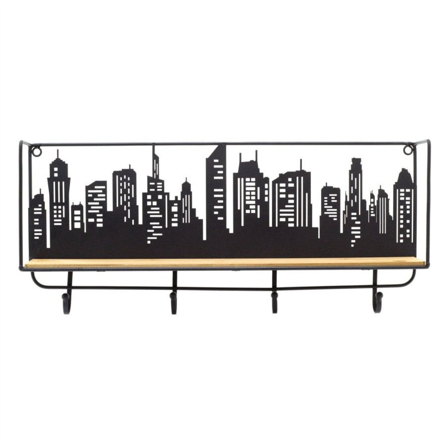 Home Accessories Carousel Shop Shelving & Hooks | 50Cm City Skyline Wall Mounted Wooden Display Shelf With Hooks | Industrial Black Metal Storage Shelf | Urban Cityscape Wall Shelf