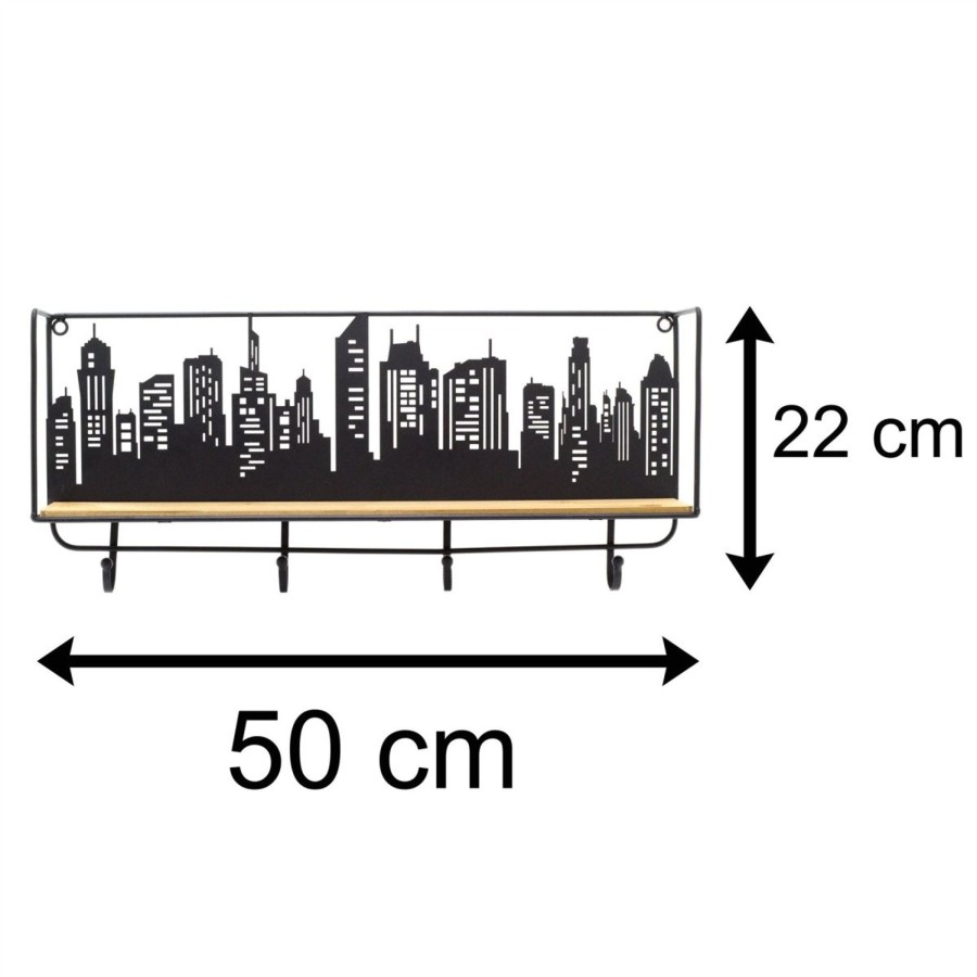 Home Accessories Carousel Shop Shelving & Hooks | 50Cm City Skyline Wall Mounted Wooden Display Shelf With Hooks | Industrial Black Metal Storage Shelf | Urban Cityscape Wall Shelf