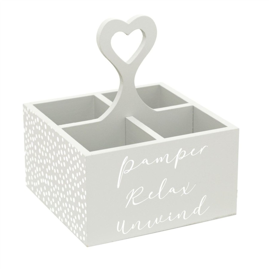 Home Accessories Carousel Shop Bathroom Accessories | Shabby Chic Pamper Storage Crate | Grey Wooden Bathroom Caddy | Polka Dot And Heart Beauty Box Crate