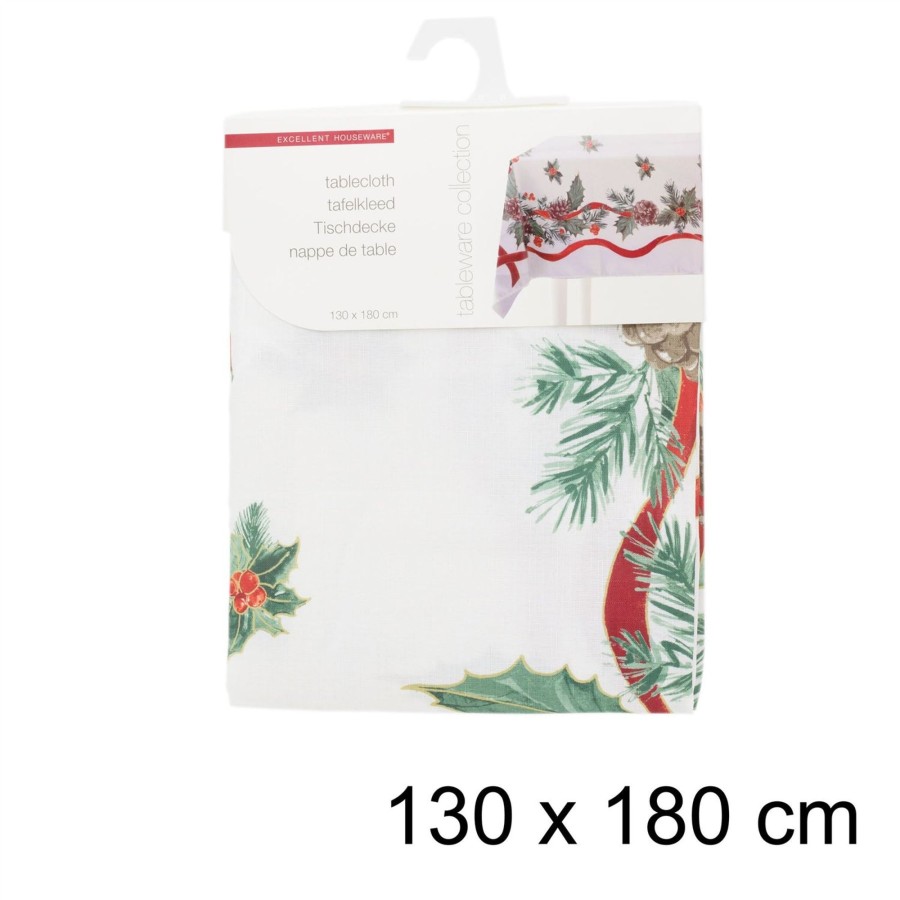 Celebrations Carousel Shop | Traditional Rectangle Christmas Tablecloth | Pine Cone And Holly Festive Table Cloth | Xmas Table Cover Christmas Table Decoration 180Cm X 130Cm