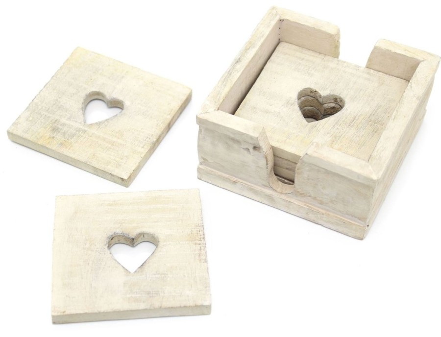 Kitchen & Dining Carousel Shop | Set Of 6 Rustic White Washed Wooden Heart Table Drinks Coasters In Box