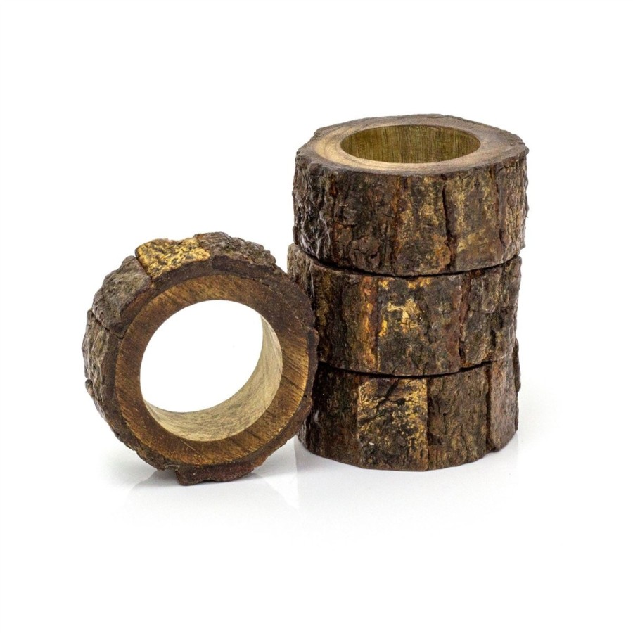 Kitchen & Dining Carousel Shop | Set Of 4 Wooden Tree Log Slice Napkin Rings Rustic Napkin Holders | 4 Piece Tree Bark Napkin Ring Holder | Serviettes Napkins Rings Christmas Table Decor