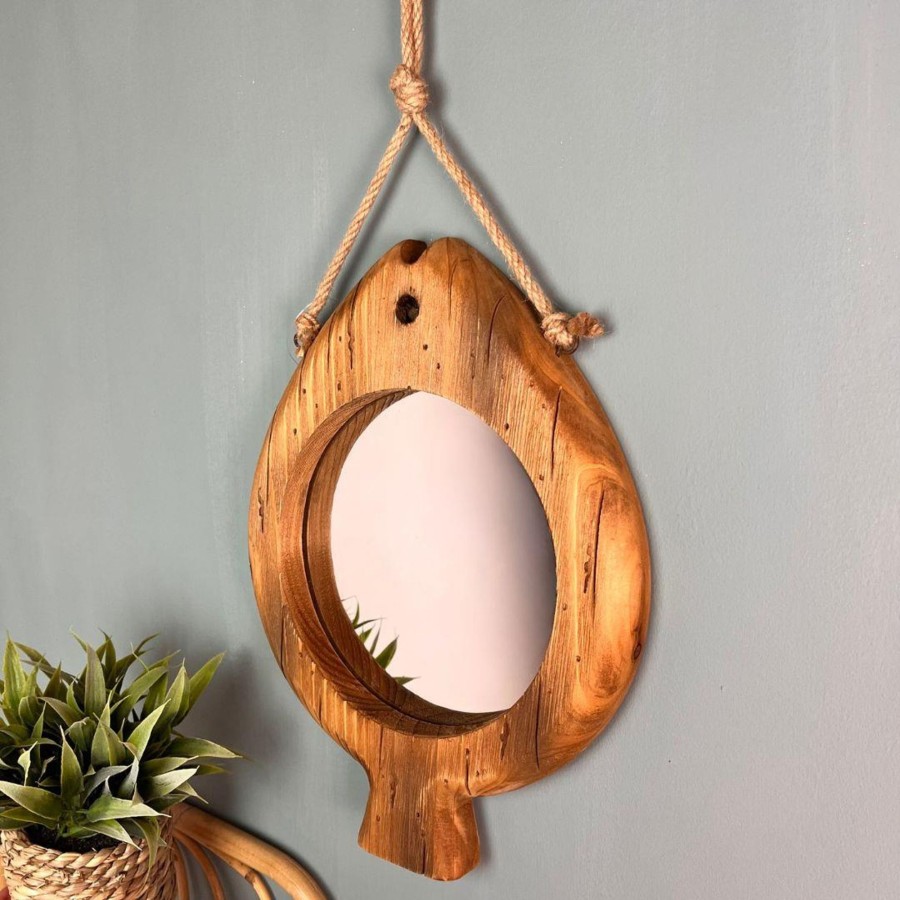 Home Accessories Carousel Shop Bathroom Accessories | Wooden Fish Wall Mirror | Nautical Fish Shaped Hanging Mirror - Bathroom Decor