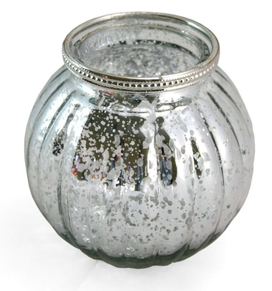 Celebrations Carousel Shop | Antique Silver Mercury Effect 13Cm X 11.5Cm Ribbed Candle Pot Tealight Holder