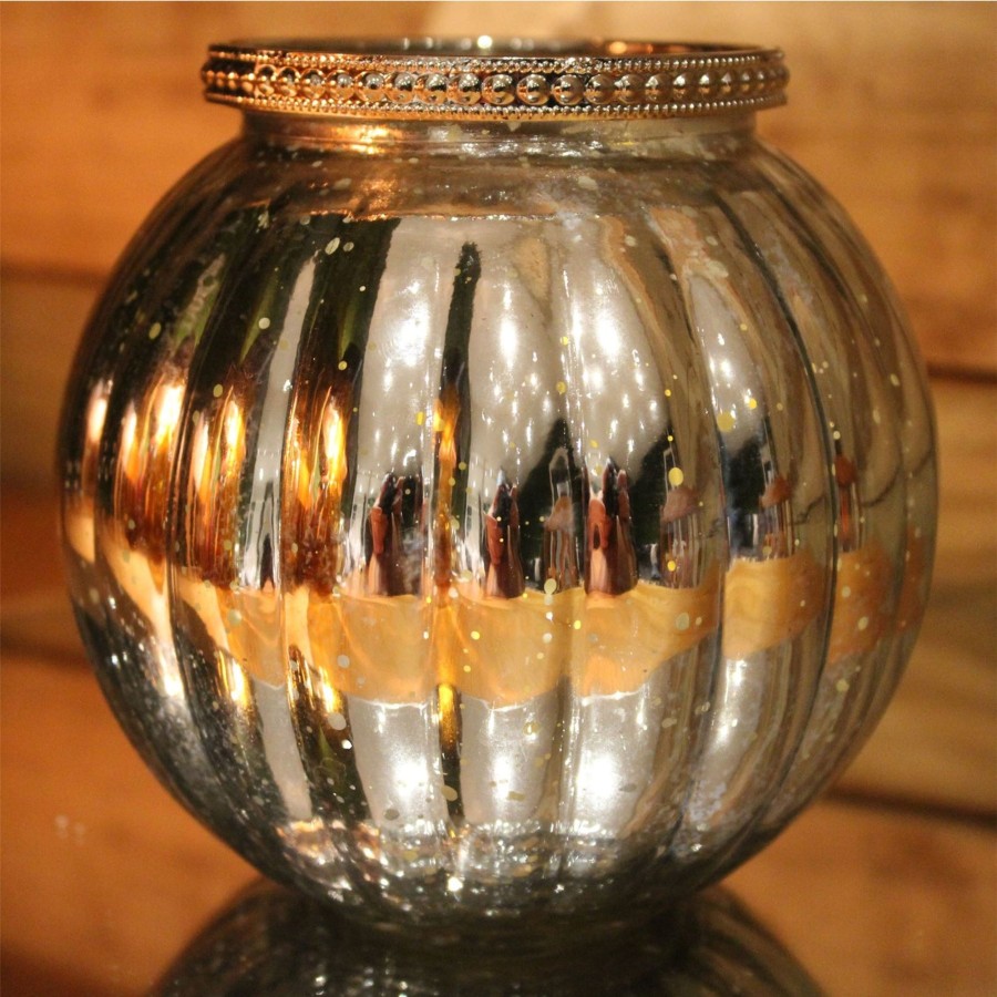 Celebrations Carousel Shop | Antique Silver Mercury Effect 13Cm X 11.5Cm Ribbed Candle Pot Tealight Holder