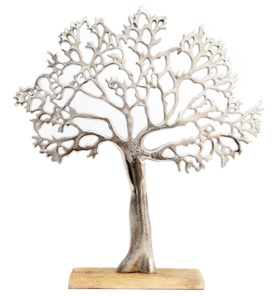 Home Accessories Carousel Shop Ornaments | Silver Metal Tree Decorative Ornament On Wooden Base - Large