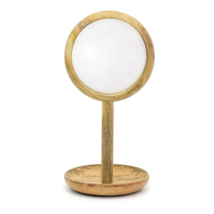 Home Accessories Carousel Shop Bathroom Accessories | Round Wooden Freestanding Dressing Table Mirror | Rustic Vanity Makeup Mirror Jewellery Dish - 29Cm