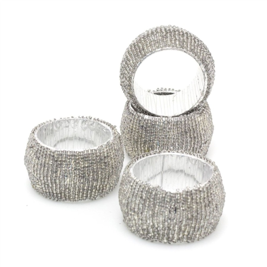 Kitchen & Dining Carousel Shop | Set Of 4 Deluxe Silver Napkin Rings | Chic Beaded Glass Christmas Napkin Holder | Wedding Serviette Rings Table Napkin Holder