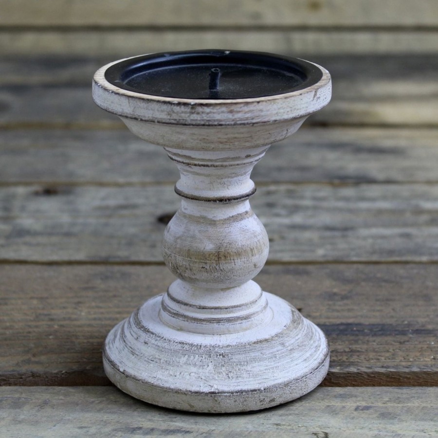 Celebrations Carousel Shop | Traditional Wooden Candlestick - Handcrafted Wood Candle Stick Holder - Whitewashed