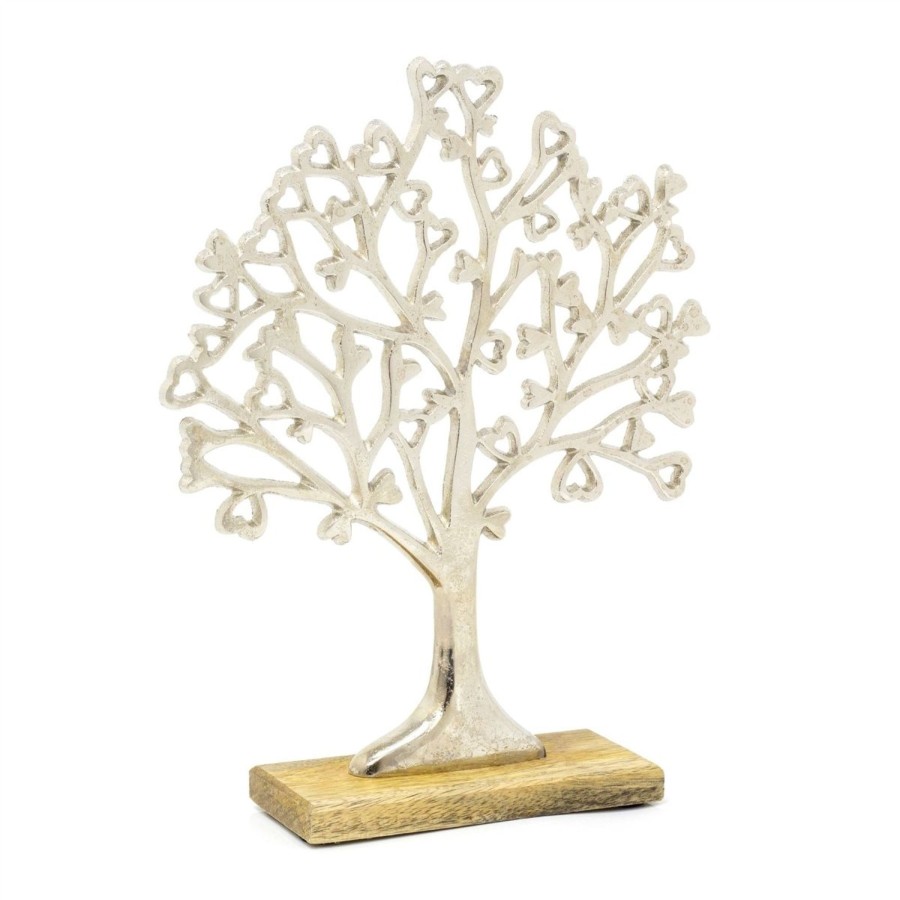 Home Accessories Carousel Shop Ornaments | Medium Elegant Silver Metal Tree Of Love Ornament On Mango Wood Base - 34Cm