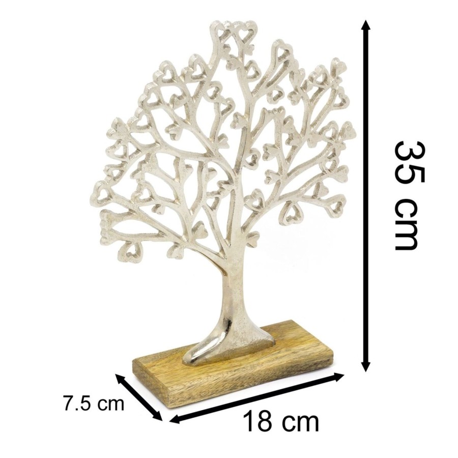 Home Accessories Carousel Shop Ornaments | Medium Elegant Silver Metal Tree Of Love Ornament On Mango Wood Base - 34Cm