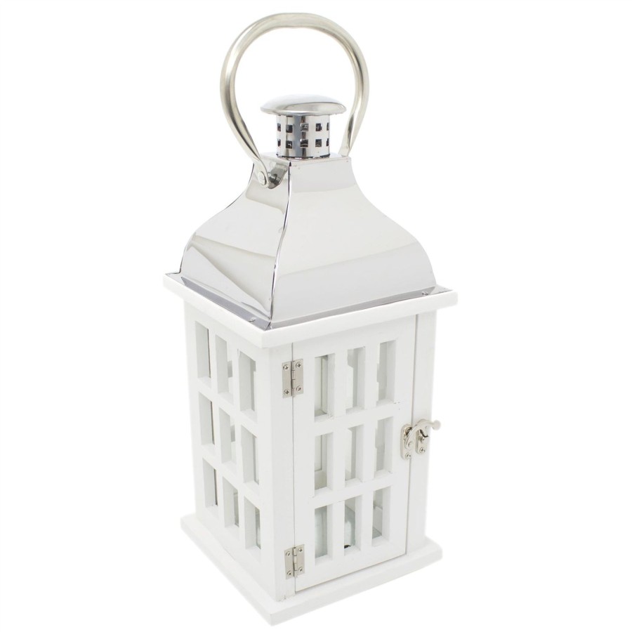 Celebrations Carousel Shop | White Wooden Candle Lantern | 39Cm Hurricane Lantern Candle Holders For Home Garden Patio - Tealight Candle Holder With Handle