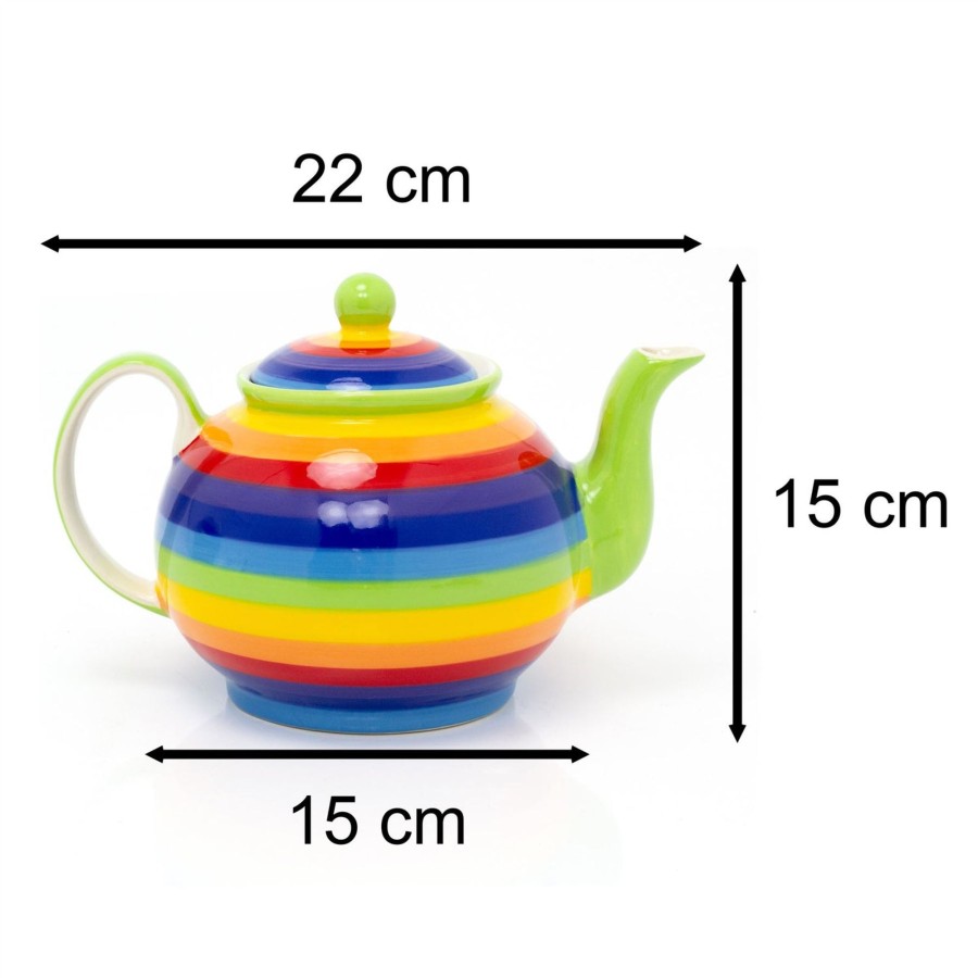 Kitchen & Dining Carousel Shop | Hand Painted Rainbow Stripe Ceramic Large Teapot | 1 Litre Striped 4 Cups Tea Pot | Multicoloured Traditional Teapot