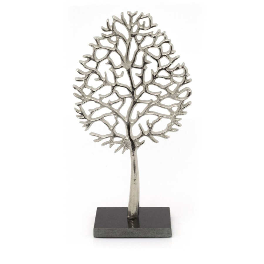 Home Accessories Carousel Shop Ornaments | 34Cm Elegant Silver Tone Tree Of Life Sculpture | Silver Metal Tree Ornament On Marble Base | Silver Family Tree On Marble Stand Centerpiece