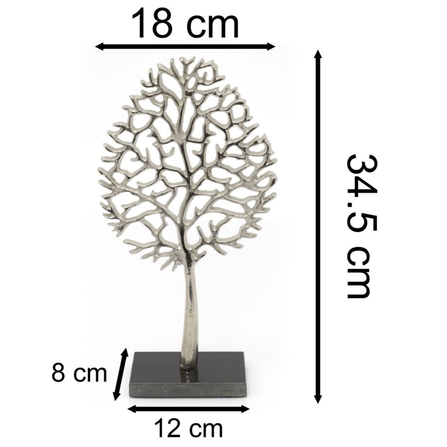 Home Accessories Carousel Shop Ornaments | 34Cm Elegant Silver Tone Tree Of Life Sculpture | Silver Metal Tree Ornament On Marble Base | Silver Family Tree On Marble Stand Centerpiece