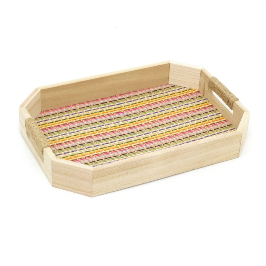 Kitchen & Dining Carousel Shop | 34Cm Kasbah Multicolour Weave Rectangle Tray | Boho Wooden Tray With Handles | Kitchen Tea Coffee Tray Breakfast Tray