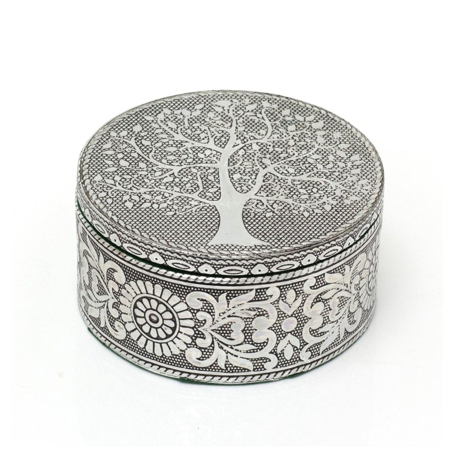 Home Accessories Carousel Shop Boxes & Baskets | Silver Metal Tree Of Life Trinket Box | Handcrafted Aluminium Round Jewellery Box Vanity Tray | Silver Embossed Keepsake Box Tree Of Life Gifts