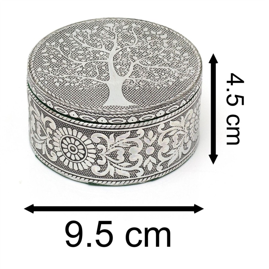 Home Accessories Carousel Shop Boxes & Baskets | Silver Metal Tree Of Life Trinket Box | Handcrafted Aluminium Round Jewellery Box Vanity Tray | Silver Embossed Keepsake Box Tree Of Life Gifts