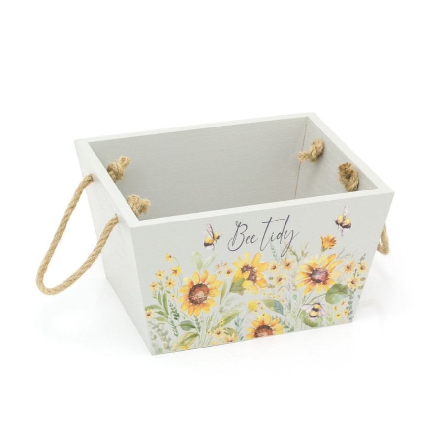 Home Accessories Carousel Shop Boxes & Baskets | Shabby Chic Floral Bee Crate Hamper | Decorative Grey Bee Tidy Wooden Crate | Honey Bee Storage Box With Handles