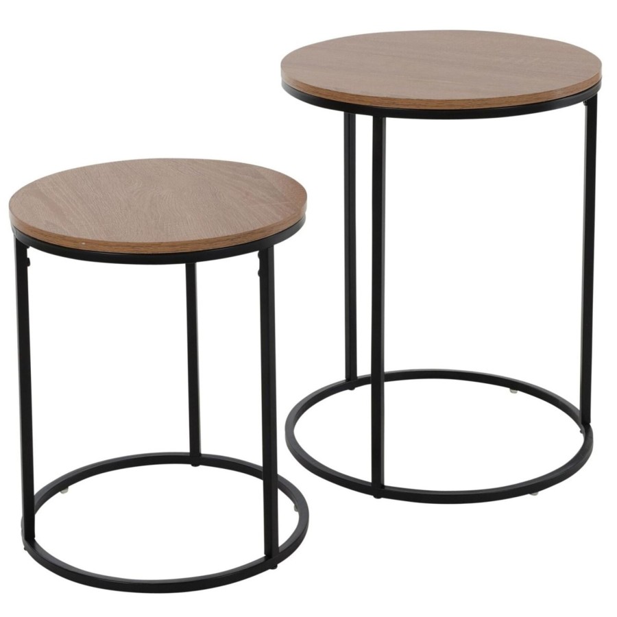 Home Accessories Carousel Shop Side Tables | Set Of 2 Round Black Metal Wooden Top Nesting Tables | Side Tables For Living Room Occasional Pedestal End Table Nest | Contemporary 2 Piece Nest Of Tables