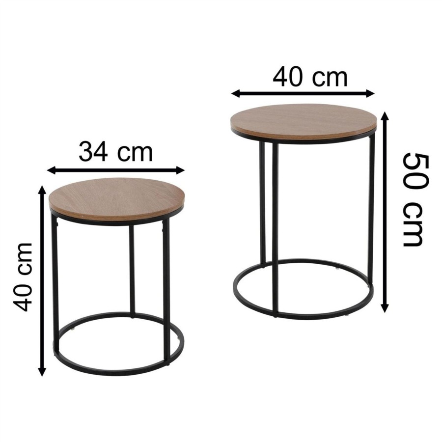 Home Accessories Carousel Shop Side Tables | Set Of 2 Round Black Metal Wooden Top Nesting Tables | Side Tables For Living Room Occasional Pedestal End Table Nest | Contemporary 2 Piece Nest Of Tables