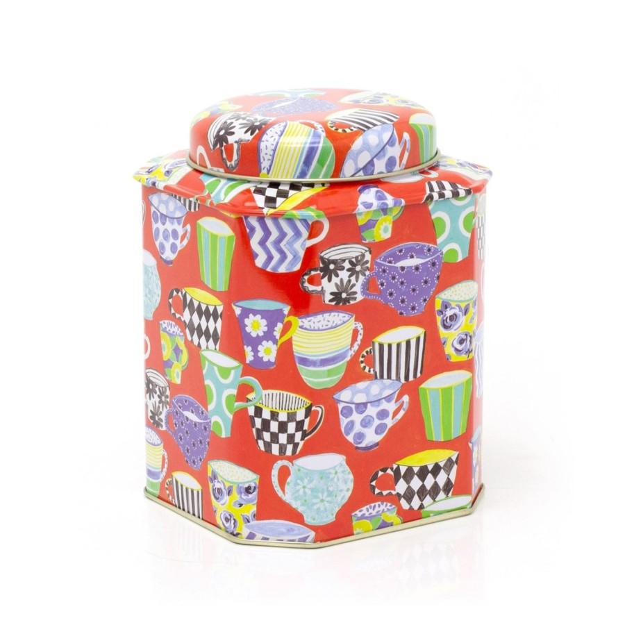 Kitchen & Dining Carousel Shop | Sarah Campbell Red Tea Cup Cut Corner Storage Tin | Kitchen Tea Caddy Tin