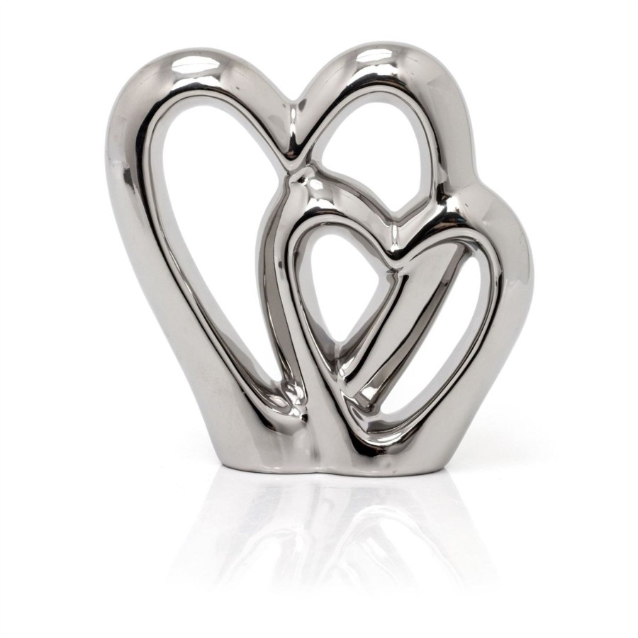 Home Accessories Carousel Shop Decorative Accessories | 15Cm Elegant Silver Heart Ornament Decoration | Ceramic Silver Double Heart Sculpture | Dual Love Heart Ornament Valentines Anniversary Wedding Gifts