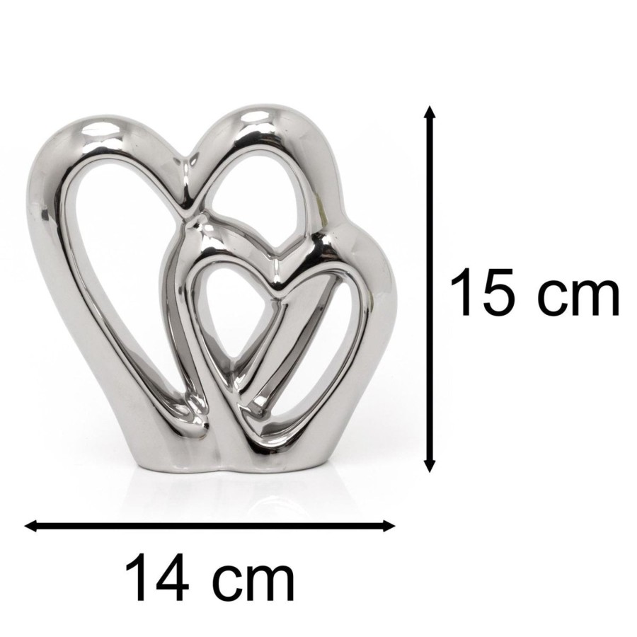 Home Accessories Carousel Shop Decorative Accessories | 15Cm Elegant Silver Heart Ornament Decoration | Ceramic Silver Double Heart Sculpture | Dual Love Heart Ornament Valentines Anniversary Wedding Gifts