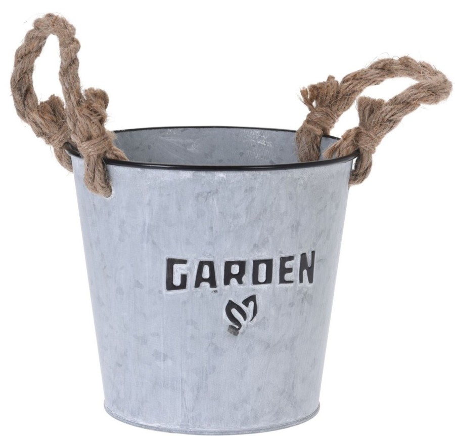 Home Accessories Carousel Shop Garden Decor | Silver Washed Round Garden Zinc Bucket Planter Windowsill Herb Box With Rope Handles