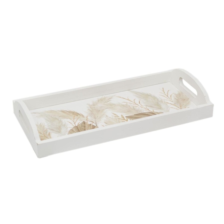 Home Accessories Carousel Shop Decorative Accessories | Botanical Pampas Grass Serving Tray Display Tray| White Wooden Tray With Handles Drinks Tray | Kitchen Tea Coffee Tray Snack Trays - 38Cm