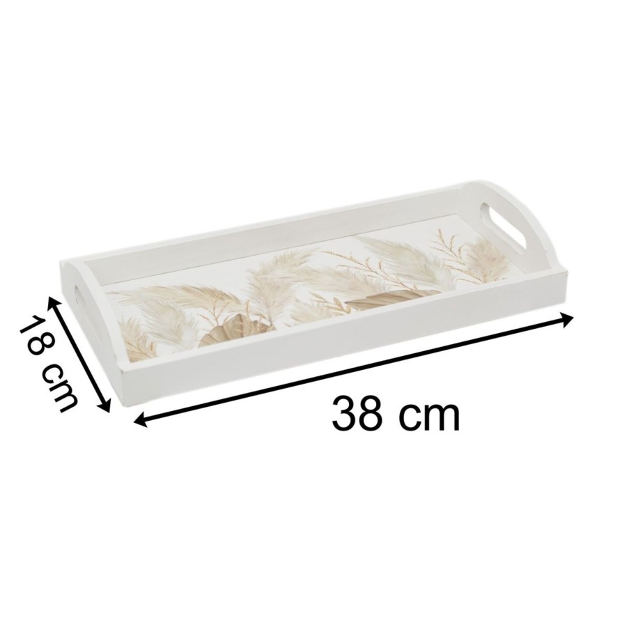 Home Accessories Carousel Shop Decorative Accessories | Botanical Pampas Grass Serving Tray Display Tray| White Wooden Tray With Handles Drinks Tray | Kitchen Tea Coffee Tray Snack Trays - 38Cm