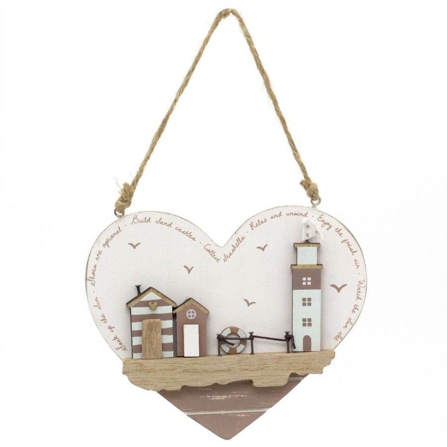 Home Accessories Carousel Shop Wall Decor & Mirrors | Heart Shaped Beach Hut Plaque | Hanging Beach Hut Sign Nautical Wall Art - 16Cm