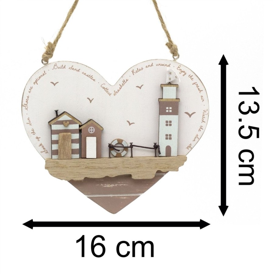 Home Accessories Carousel Shop Wall Decor & Mirrors | Heart Shaped Beach Hut Plaque | Hanging Beach Hut Sign Nautical Wall Art - 16Cm