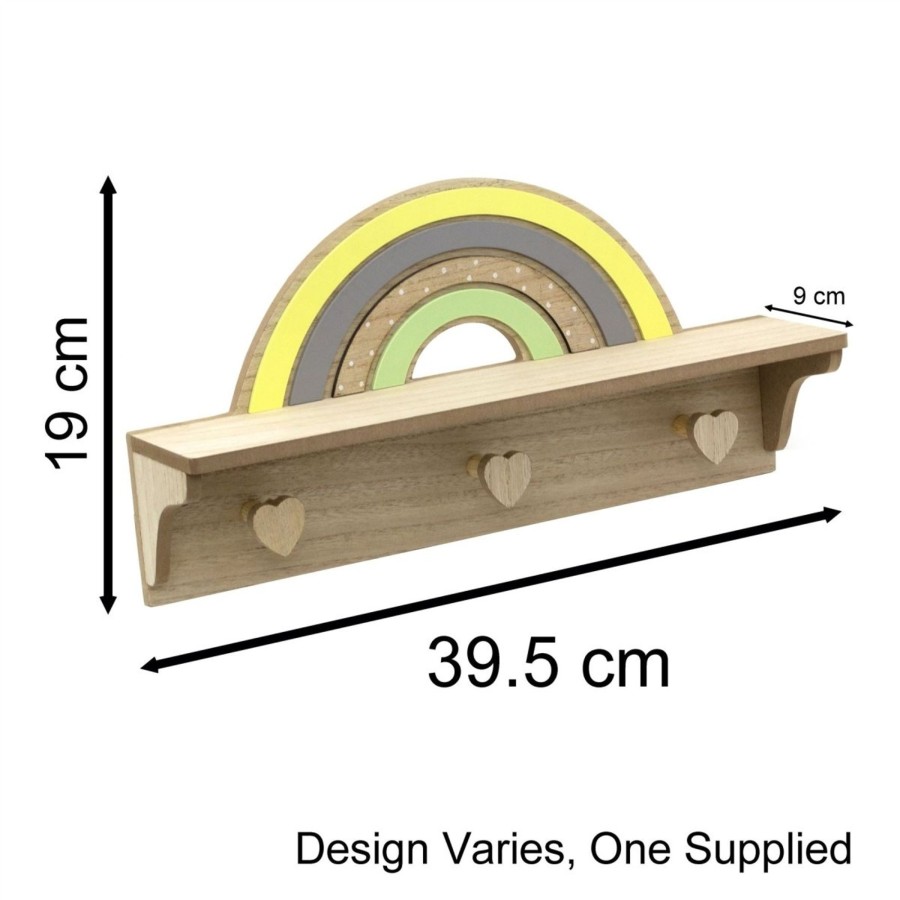 Baby & Child Carousel Shop Room Decor & Storage | Childrens Wooden Rainbow Shelf With 3 Heart Shaped Hooks | Baby Nursery Decor