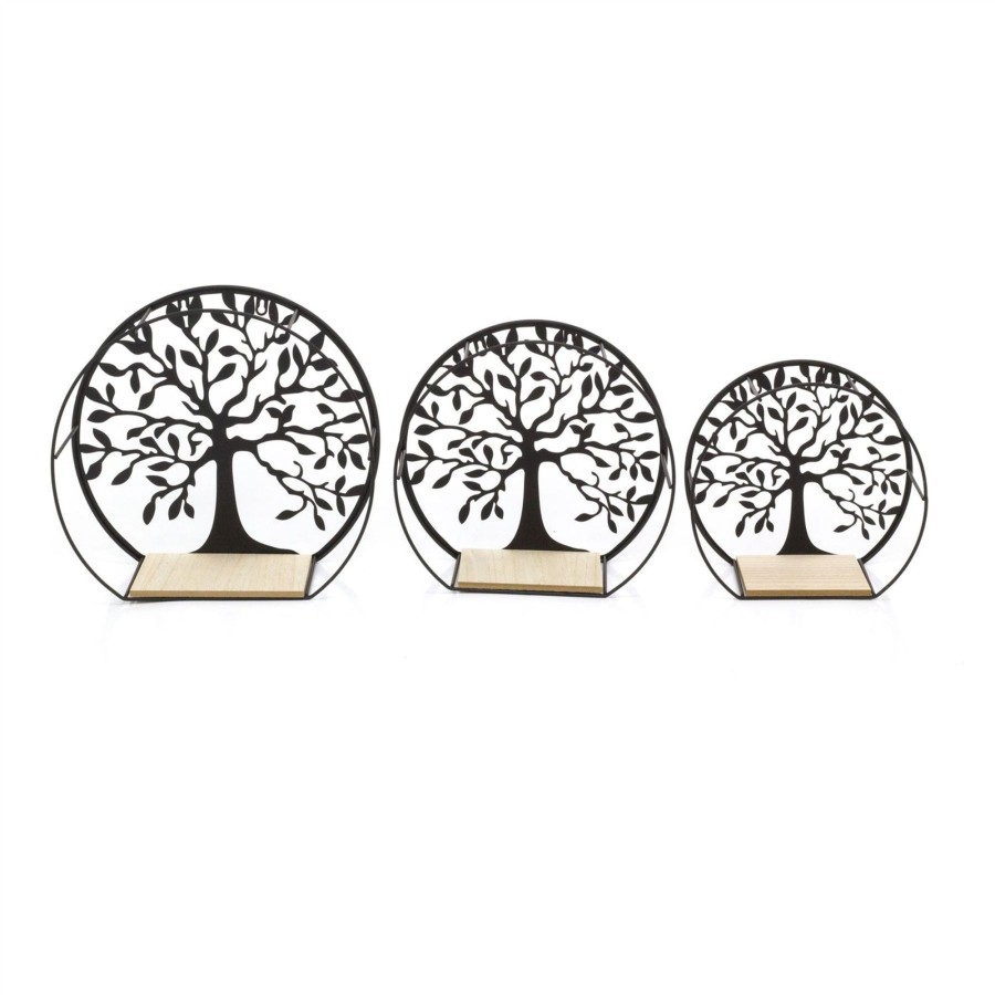 Home Accessories Carousel Shop Shelving & Hooks | Set Of 3 Tree Of Life Wall Mounted Wooden Display Shelf | 3 Piece Black Metal Storage Shelves | Round Wall Shelves