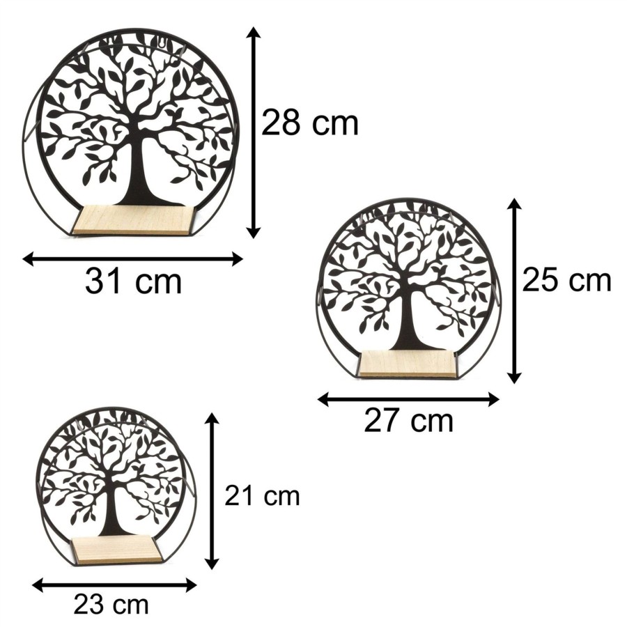 Home Accessories Carousel Shop Shelving & Hooks | Set Of 3 Tree Of Life Wall Mounted Wooden Display Shelf | 3 Piece Black Metal Storage Shelves | Round Wall Shelves