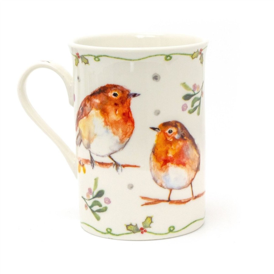 Kitchen & Dining Carousel Shop | Fine China Winter Robins & Holly Coffee Mug | Festive Robins And Mistletoe China Tea Cup | Christmas Hot Drinks Tea Mug Coffee Cup