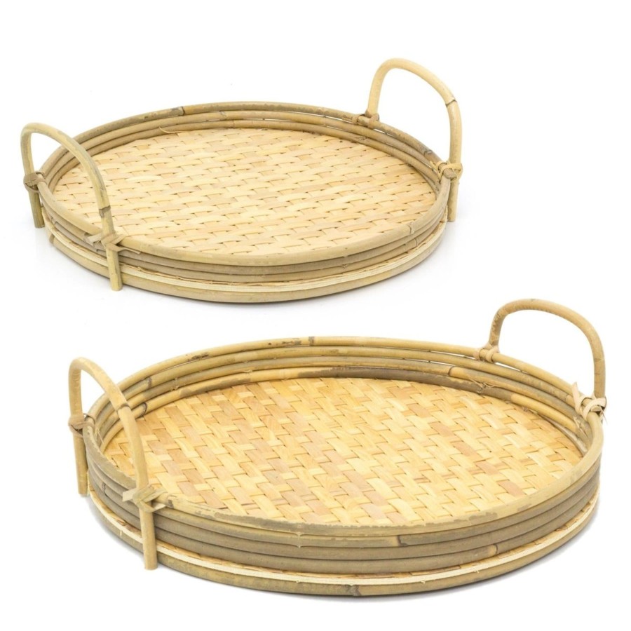 Kitchen & Dining Carousel Shop | Set Of 2 Bamboo Serving Tray | 2 Piece Round Wooden Tray With Handles | Kitchen Tea Coffee Tray Breakfast Tray