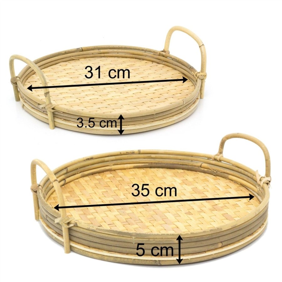 Kitchen & Dining Carousel Shop | Set Of 2 Bamboo Serving Tray | 2 Piece Round Wooden Tray With Handles | Kitchen Tea Coffee Tray Breakfast Tray