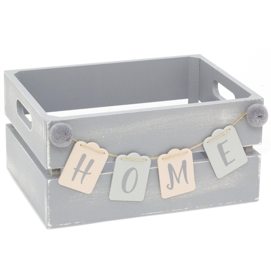 Home Accessories Carousel Shop Boxes & Baskets | Shabby Chic Home Crate Grey Hamper Decorative Storage | Pom Pom Wooden Storage Box With Handles