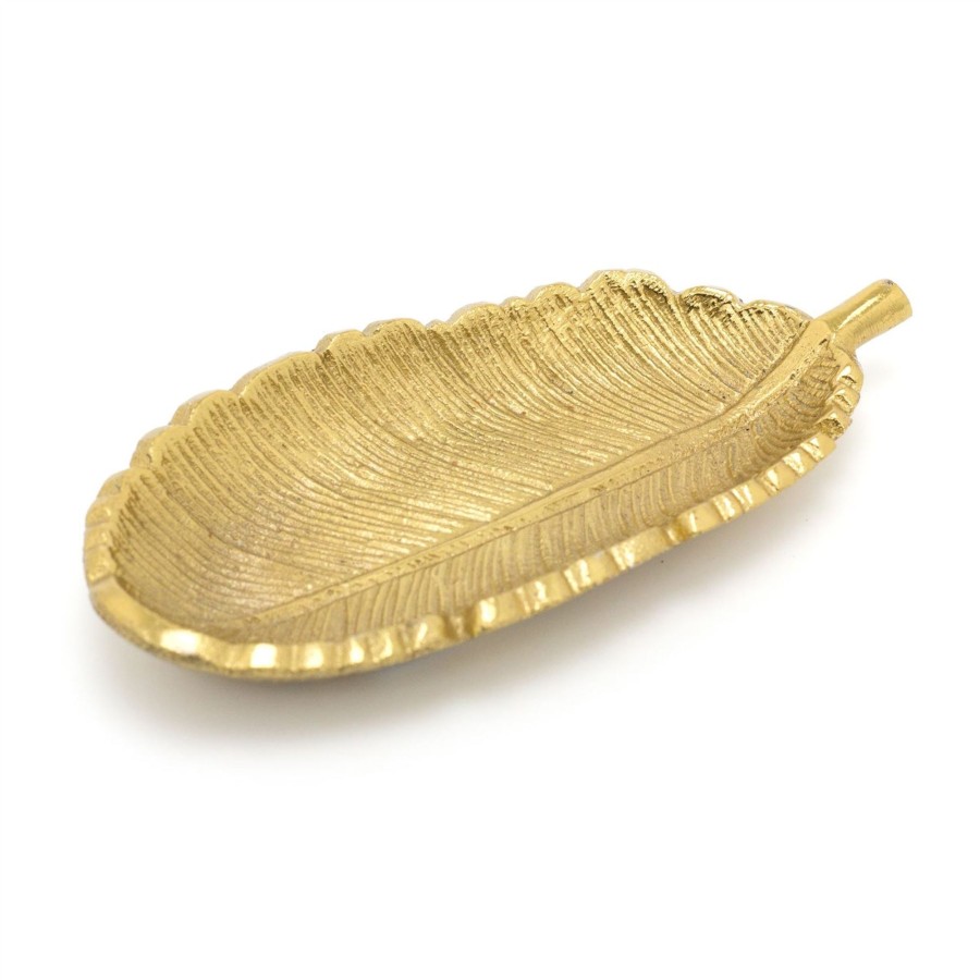 Home Accessories Carousel Shop Decorative Accessories | Elegant Gold Metal Feather Trinket Dish | Antique Style Gold Tone Display Plate Vanity Tray | Ring Holder Jewellery Plate