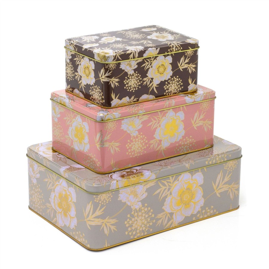 Kitchen & Dining Carousel Shop | Set Of 3 Floral Rectangle Nesting Tins | 3 Piece Kitchen Airtight Storage Tins