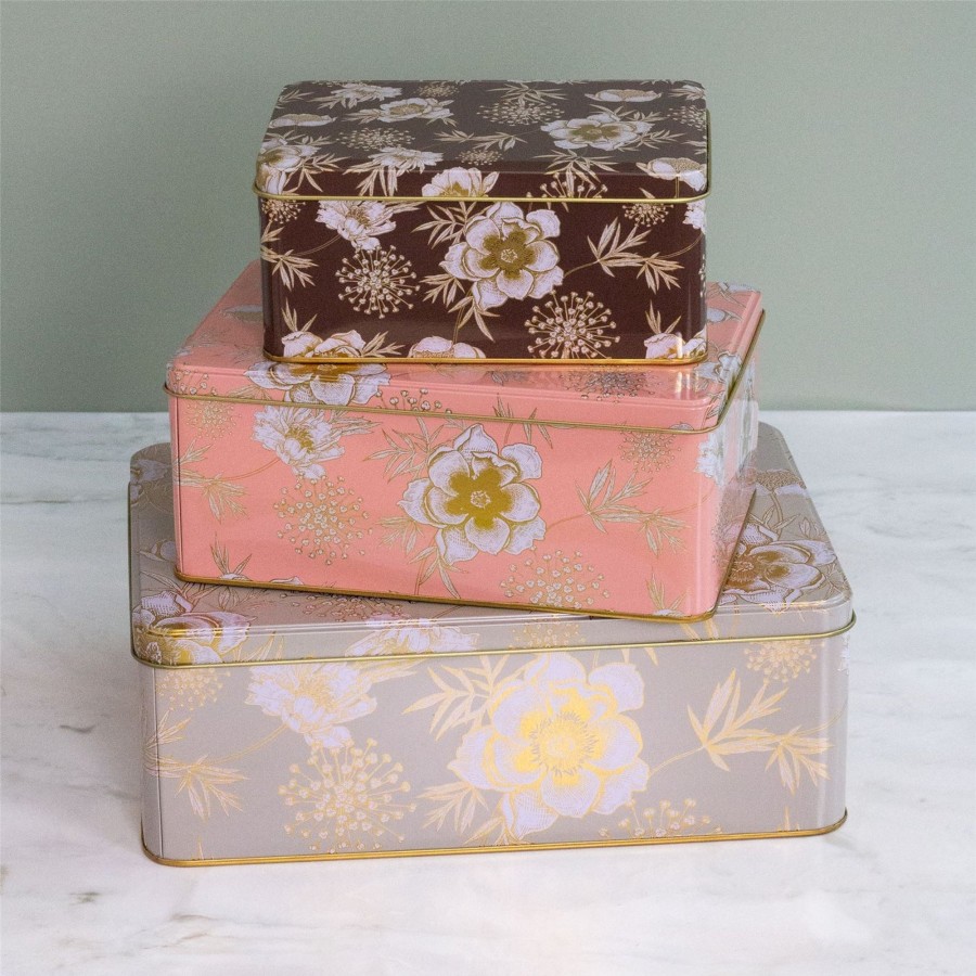 Kitchen & Dining Carousel Shop | Set Of 3 Floral Rectangle Nesting Tins | 3 Piece Kitchen Airtight Storage Tins