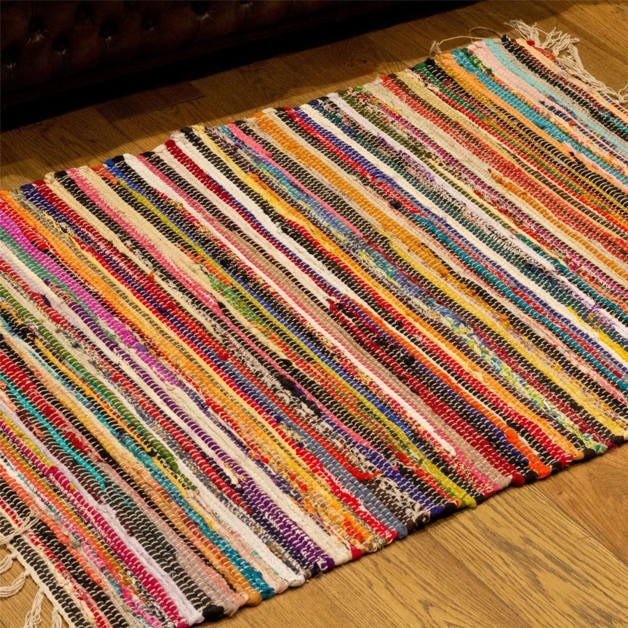 Home Accessories Carousel Shop Soft Furnishings & Rugs | Multi Colour Recycled Rag Rug 75 X 120Cm | Handmade Coloured Chindi Rug Rainbow Rug | Fair Trade Braided Cotton Rug Area Rugs - One Supplied